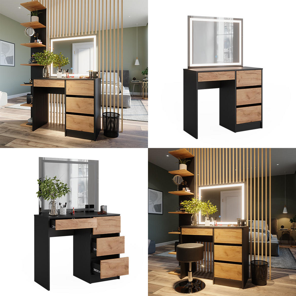 SCHMINKTISCH Sherry Anthrazit/Goldkraft Eiche 90 x 75 cm mit LED-Spiegel - Honigeiche/Anthrazit, Holzwerkstoff (90/75/40cm) - Vicco