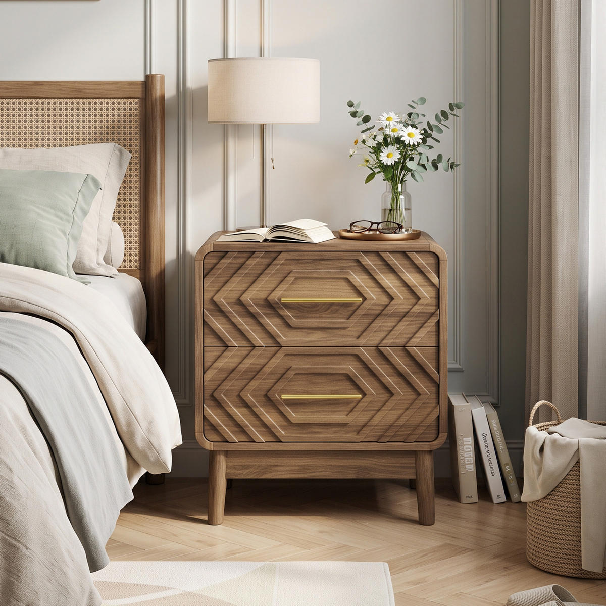 NACHTTISCH Nussbaum 3D-Design mit 2 Schubladen & Gold-Details - Walnussfarben, Holzwerkstoff (48/56/38cm) - Urban Meuble