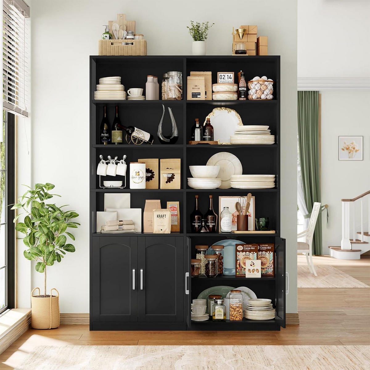 BÜCHERREGAL mit Türen 12 Fächer 115 x 27 x 185,5 cm schwarz - Schwarz, Holzwerkstoff (115/185.5/27cm)