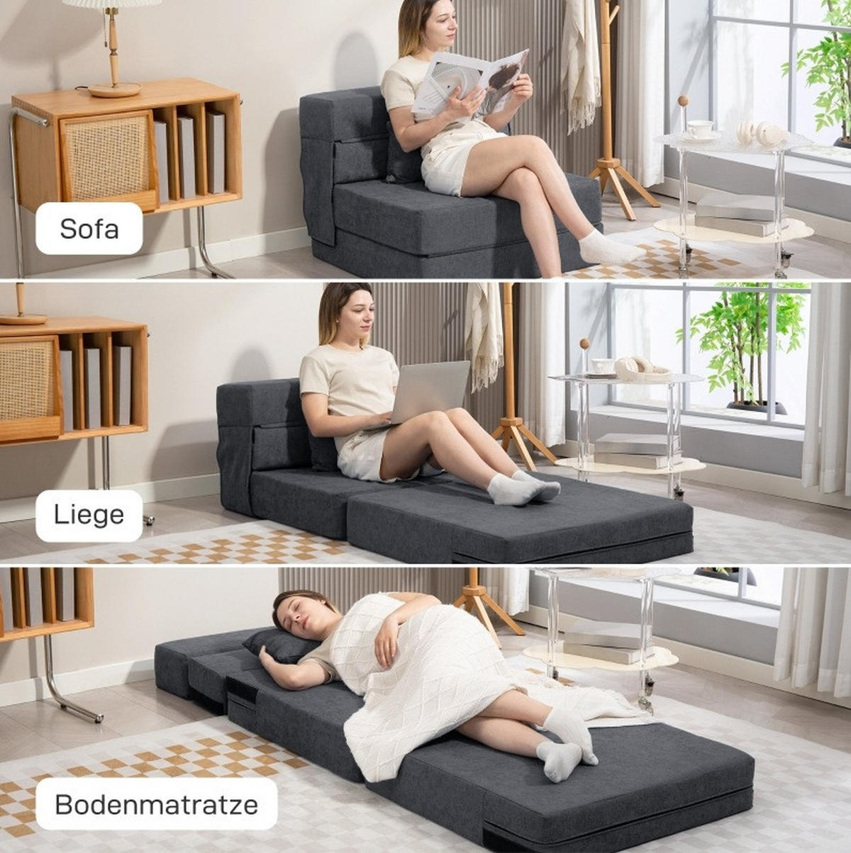 SCHLAFSESSEL 80/80/64 cm mit Liegefläche 80/210 cm – klappbar & platzsparend - Dunkelgrau, Textil (80/64/80cm) - BEAOK