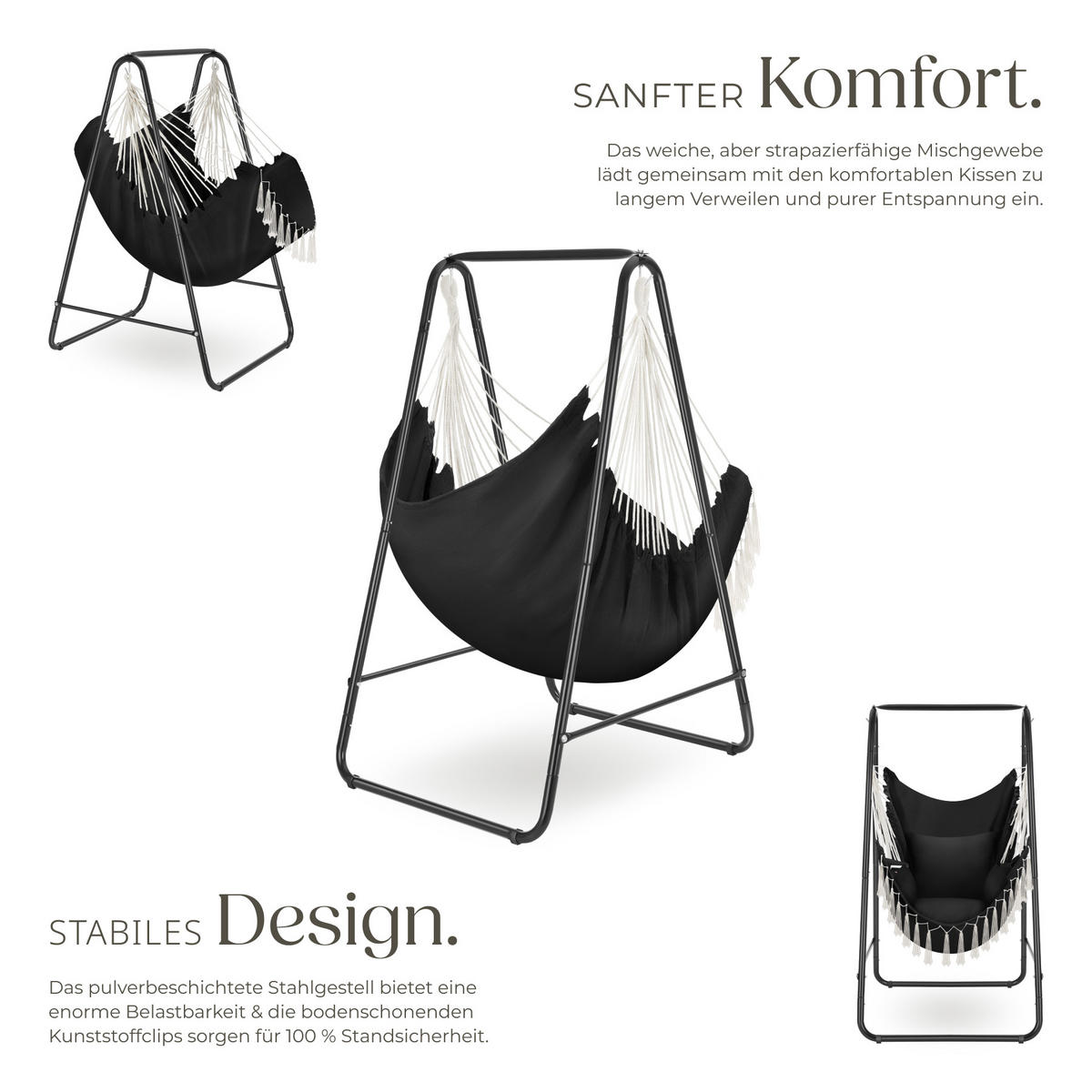 HÄNGESESSEL Alison,85 x 100 x 154,5 cm,schwarz - Schwarz, Naturmaterialien/Textil (85/154.5/100cm) - tectake