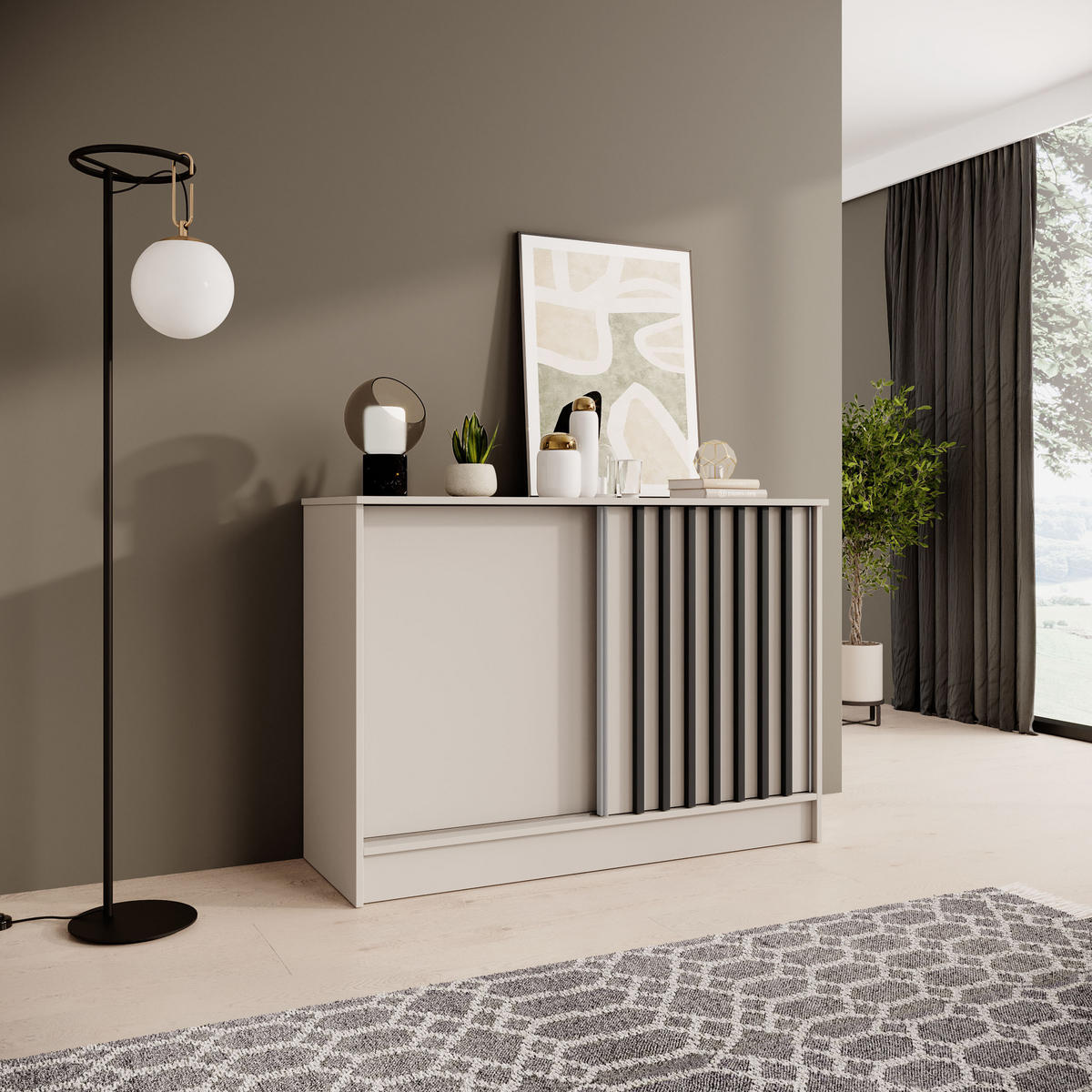 KOMMODE Horizon mit 2 Schiebetüren, Kaschmir+schwarz, 120 cm - Kaschmir/Schwarz, Holzwerkstoff (121/85/43.5cm) - Beautysofa