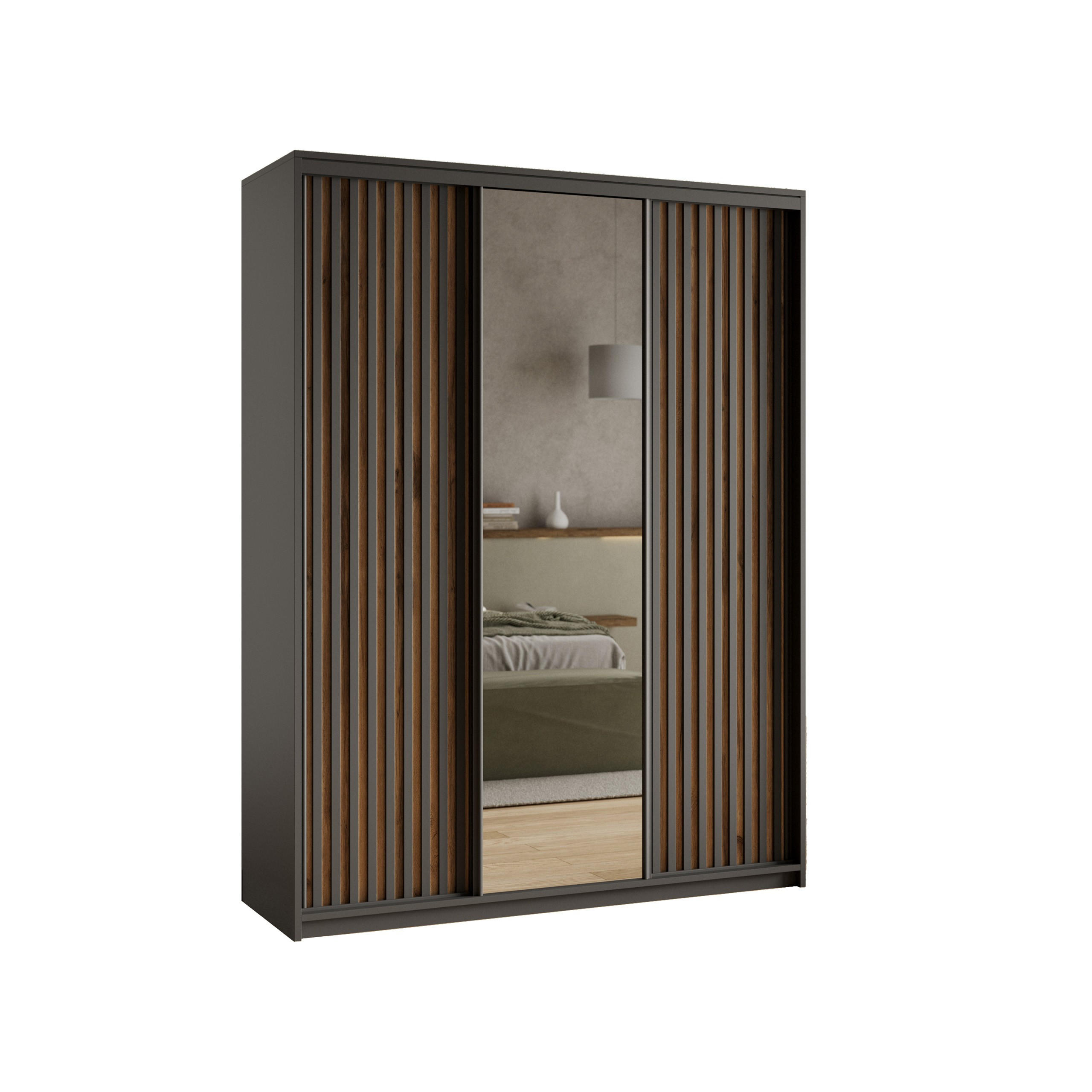 SCHWEBETÜRENSCHRANK ORRA 150/205/60 cm 3-türig mit Spiegel und Lamellen Schwarz - Eiche Wotan/Schwarz, Holzwerkstoff (150/205/60cm) - MASSENO