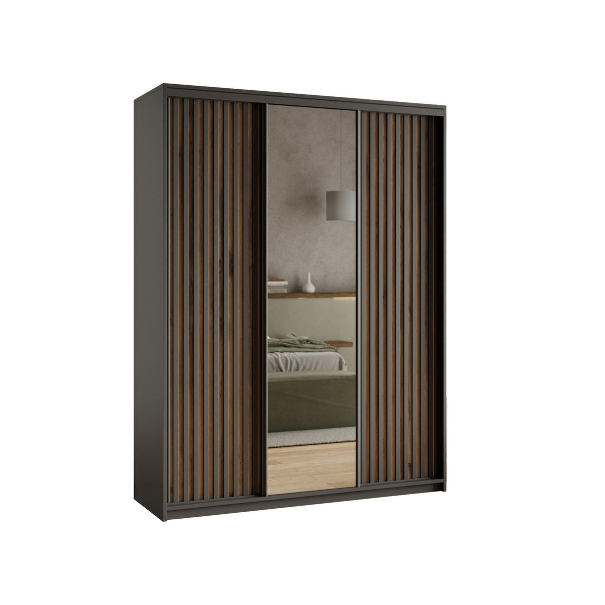 SCHWEBETÜRENSCHRANK ORRA 150/205/60 cm 3-türig mit Spiegel und Lamellen Schwarz - Eiche Wotan/Schwarz, Holzwerkstoff (150/205/60cm) - MASSENO