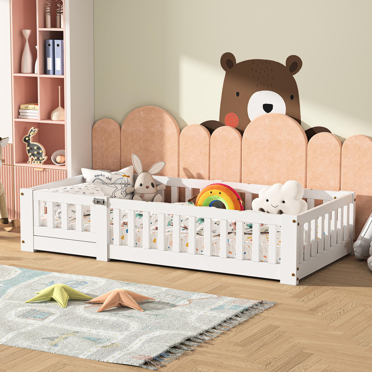 BODENBETT 90x200 cm mit Rausfallschutz & Lattenrost, Türen, Holz Bettgestell, für Junge und Mädchen, Minimalistisch - Weiß, Holz/Holzwerkstoff (90/200cm) - BursDany