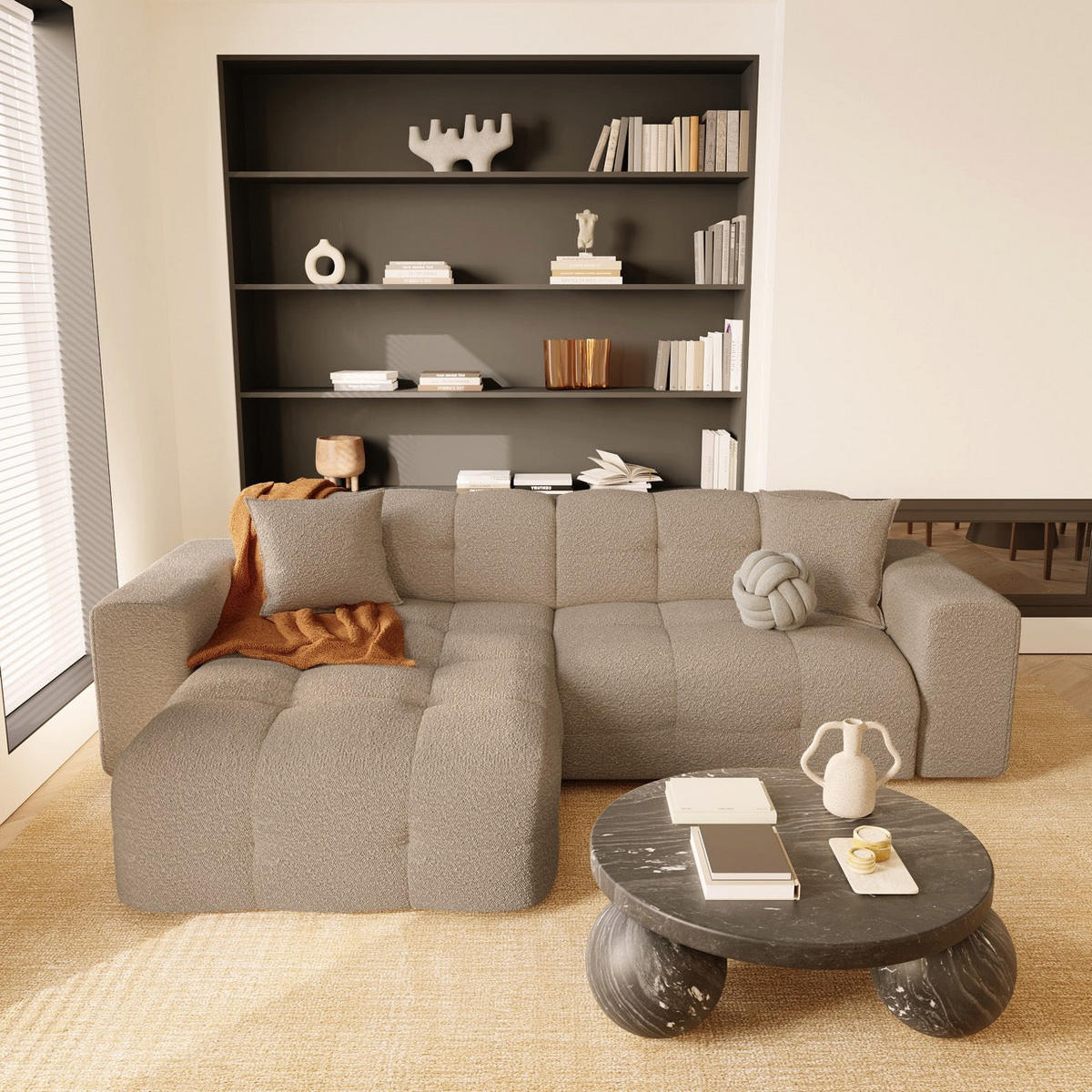 ECKSOFA LINKS Bouclé-Stoff Taupe 230cm - Taupe, Textil (155/230cm) - Sia Home