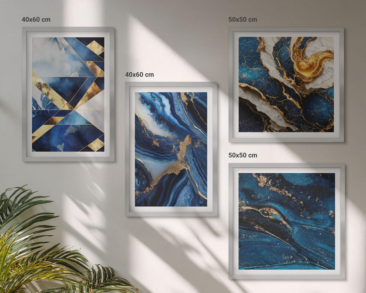 WANDBILDER 4er Set - 50x50 cm & 40x60 cm Silberner Rahmen - Abstrakte, elegante Muster - Silberfarben, Kunststoff (50/50cm) - ArtPrintCave