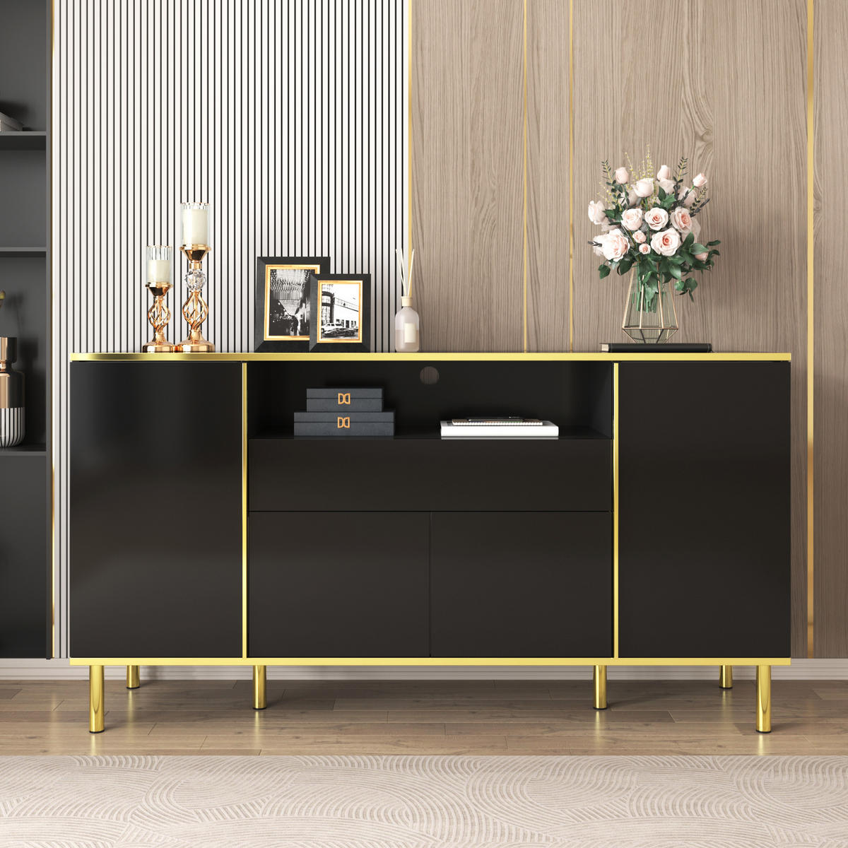 SIDEBOARD 150x40x80cm Schwarz Hochglanz Mit 1 Schublade - Schwarz, Holzwerkstoff (40/80/150cm) - FLIEKS