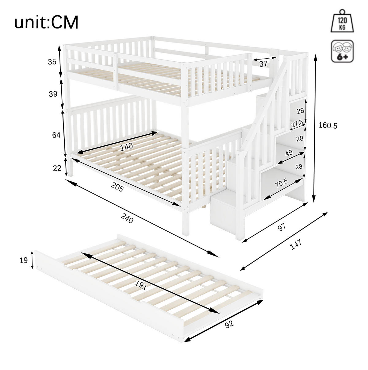 ETAGENBETT aus Kiefer und MDF 140x200 cm Weiß mit Treppenregal, ausziehbarem Rollbett und hohem Geländer - Weiß, Holzwerkstoff (140/200cm) - Modfu