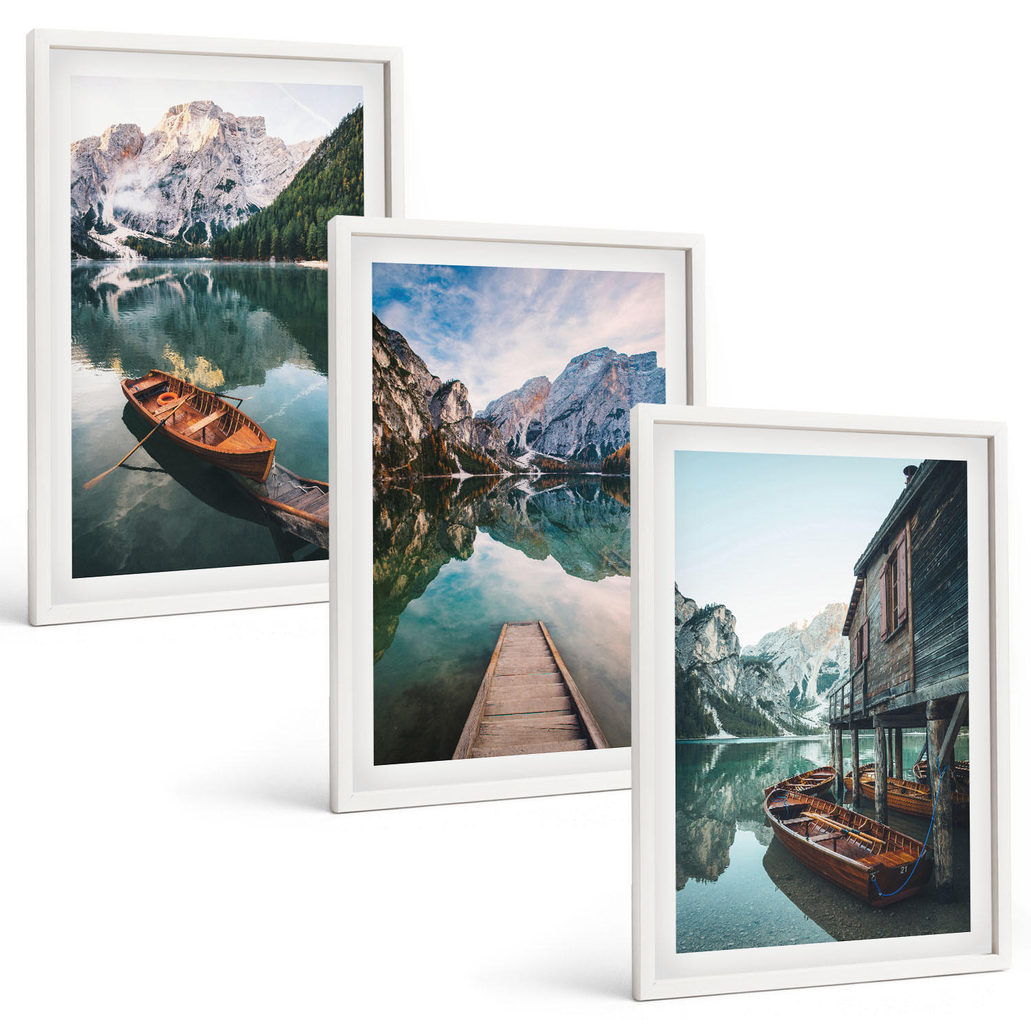 BILDER SET 3er Set - 40x60 cm Weißer Rahmen - See, Berge, Boote, Ferienhaus - Weiß, Kunststoff (40/60cm) - TULUP