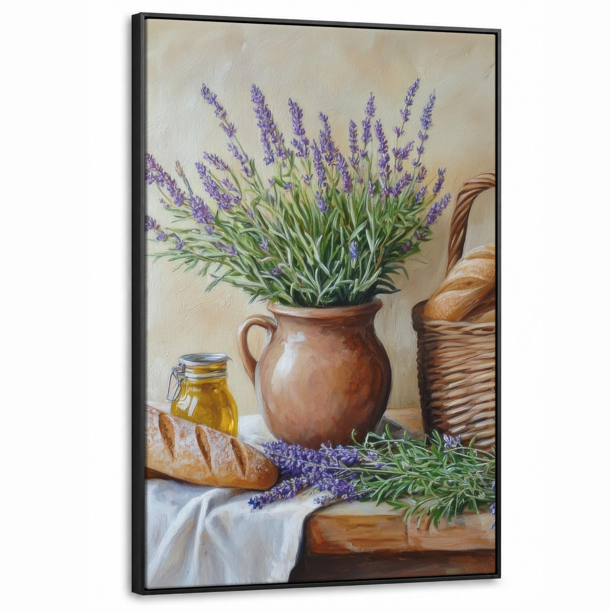 LEINWAND Bilder mit Rahmen - Lavendel - Brot - Stilleben - 100x150 - Flieder, Textil (100/150cm) - MuchoWow