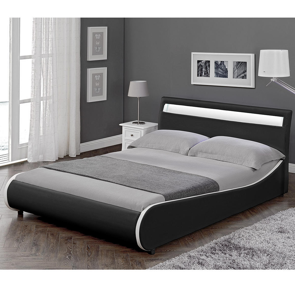 POLSTERBETT Valencia mit LED-Beleuchtung - Schwarz, Textil (180/200cm) - Corium