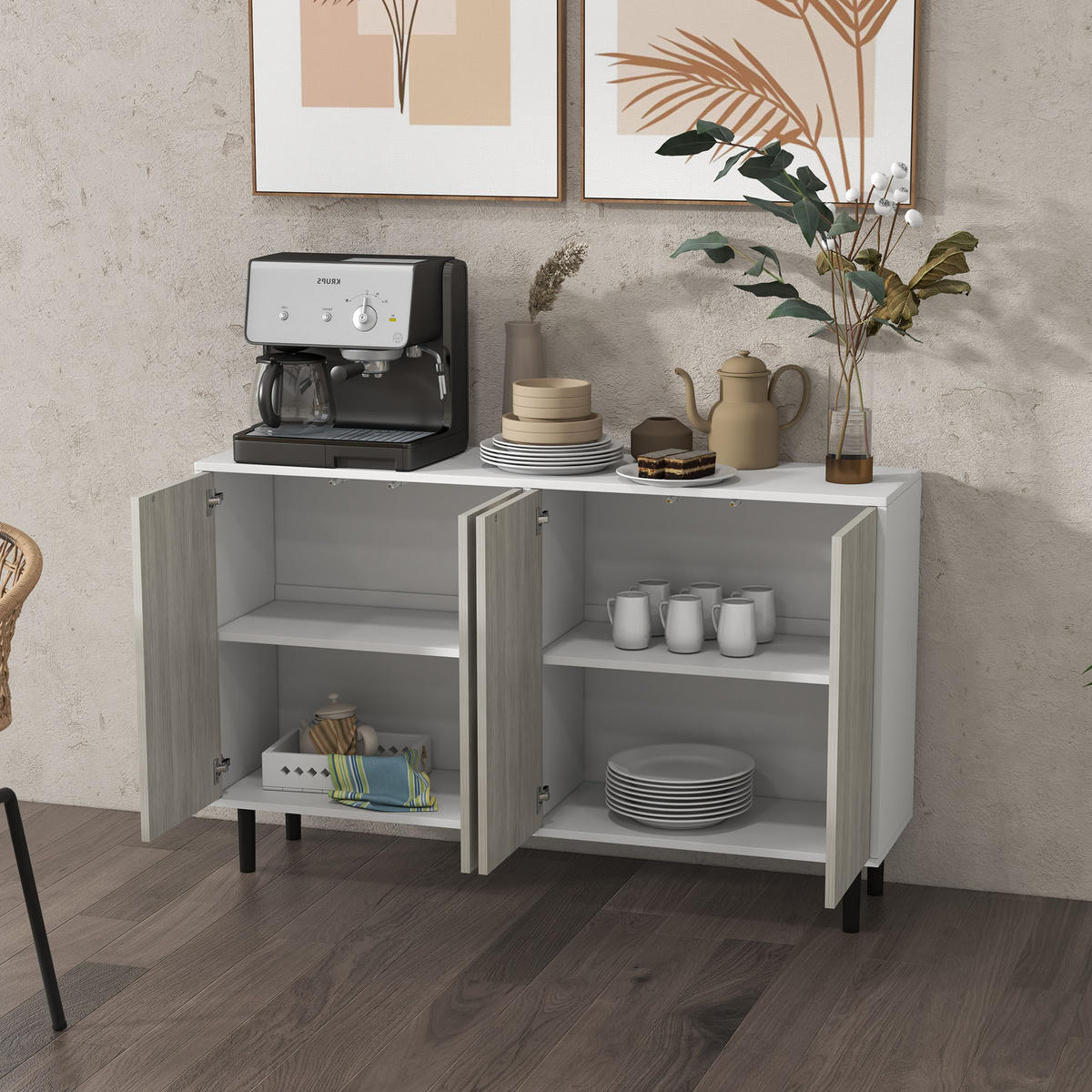 SIDEBOARD Weiß und Grau in Holzoptik, 121/37/75 cm - Grau, Holz (121/75/37cm) - PANGIVO