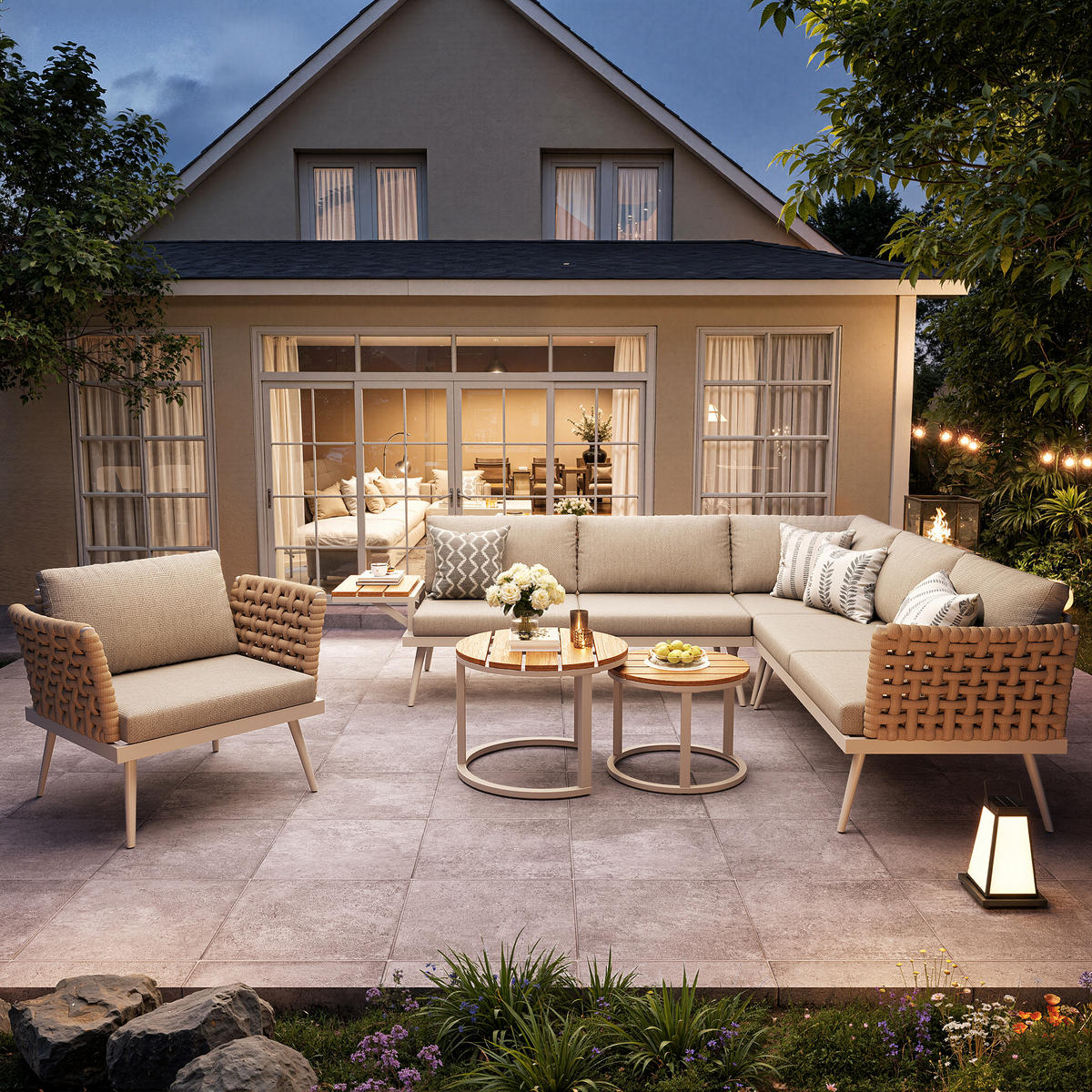 GARTENLOUNGE-SET L-förmiges Gartenmöbel-Set mit handgeflochtenen Armlehnen Polstern - Beige/Naturfarben, Textil/Metall - STILVORA