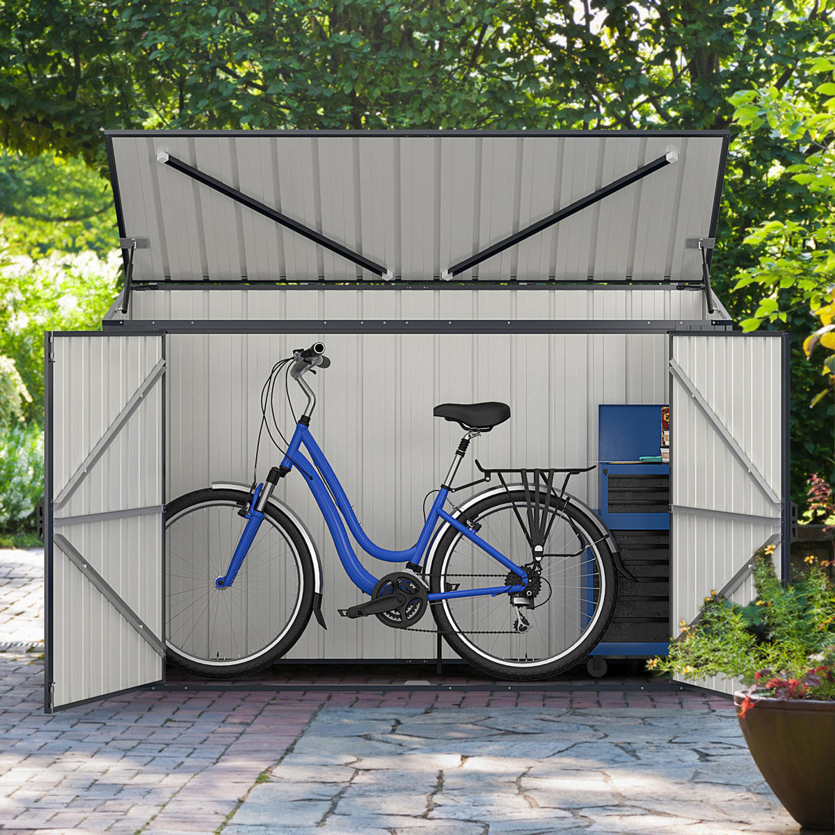 BOX NA POPELNICE s uzamykatelnými dveřmi šedá - šedá, kov (158/127/79cm) - COSTWAY