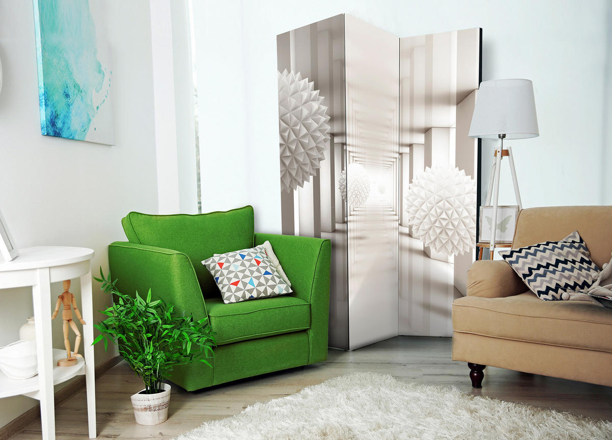 PARAVENT Akustik 3-tlg 135x172 cm Kugeln Tunnel 3D Abstraktion - Beige, Holz/Textil (135/172/3cm) - Muralo