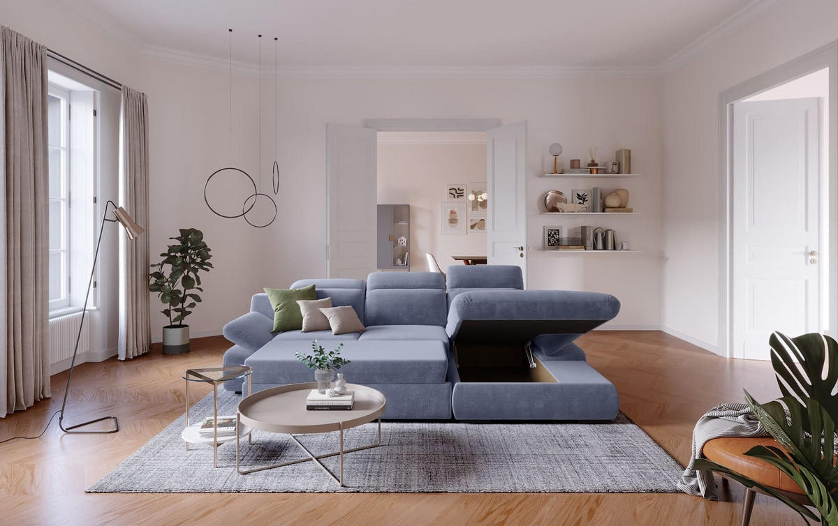 ECKSOFA mit Schlaffunktion und Bettkasten - Blau, Kunststoff/Textil (168/276cm) - Cotta