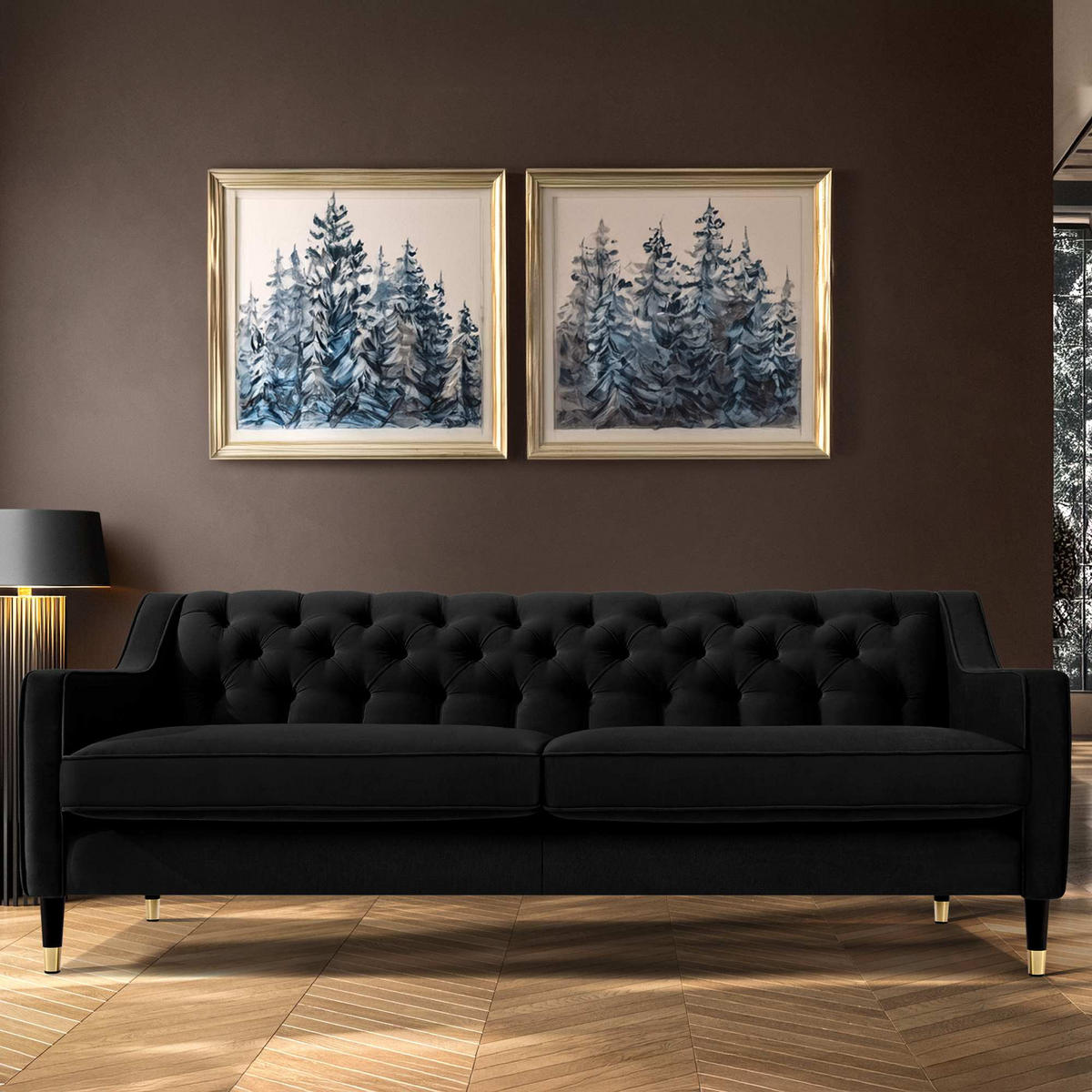 3-SITZER-SOFA NOMUS Velours, gesteppt, Schwarz - Wengefarben/Schwarz, Holz/Holzwerkstoff (192/78/80cm) - KONSIMO®