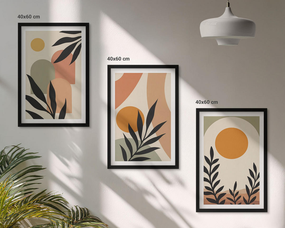 BILDER SET 3er Set - 40x60 cm Schwarzer Rahmen - Abstrakte Pflanzenformen - Schwarz, Kunststoff (40/60cm) - TULUP