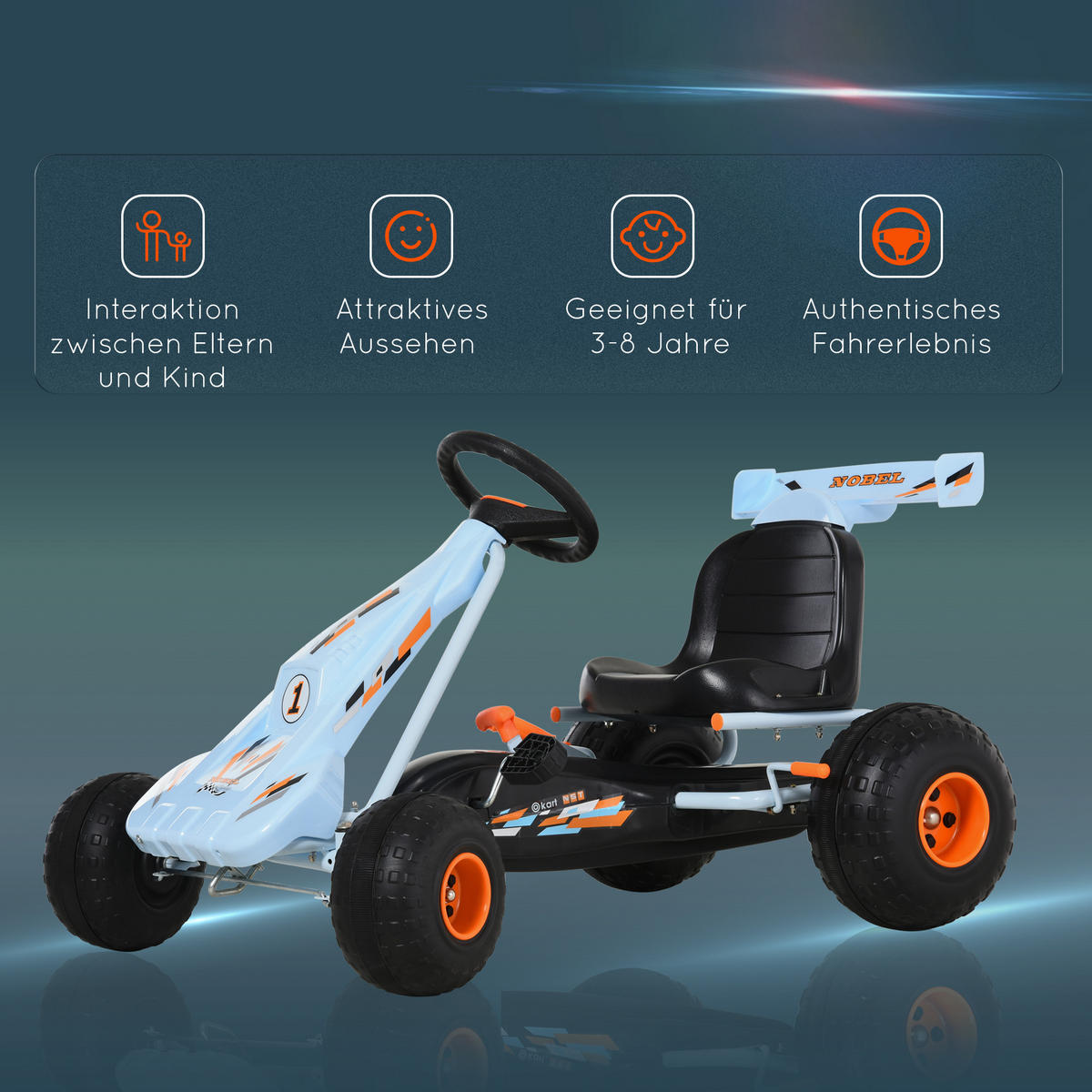 KINDER GO KART TRETAUTO, Hellblau, Stahl+ Kunststoff - Hellblau, Metall (97/66/59cm) - HOMCOM