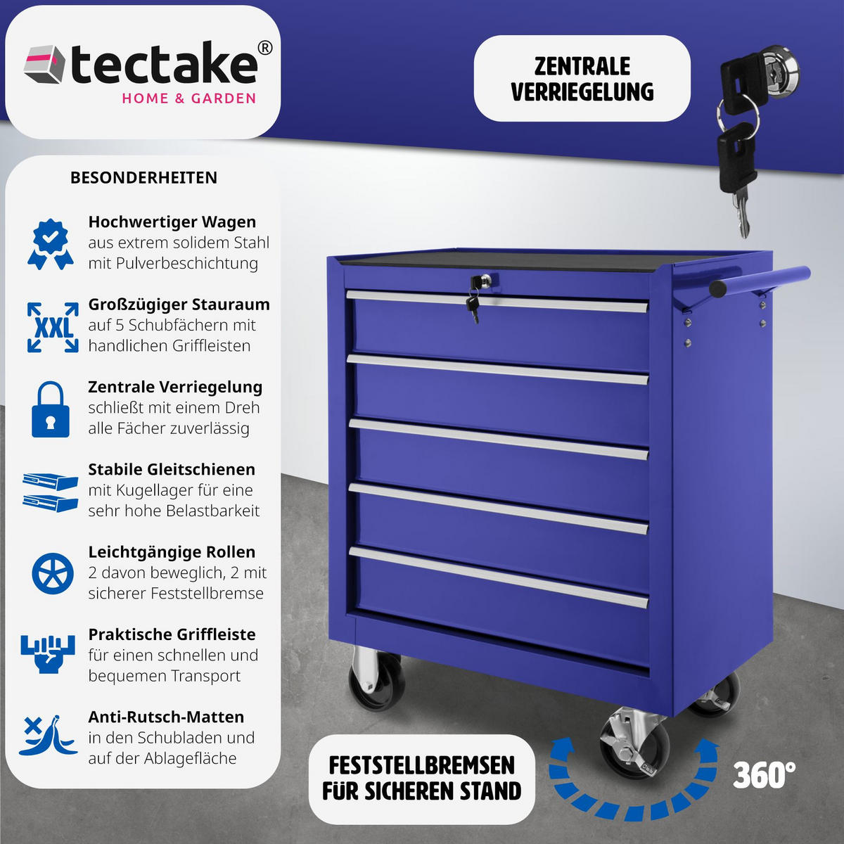 WERKZEUGWAGEN ,Rollen Ø 100 mm,blau - Blau, Metall (33/79/69cm) - tectake