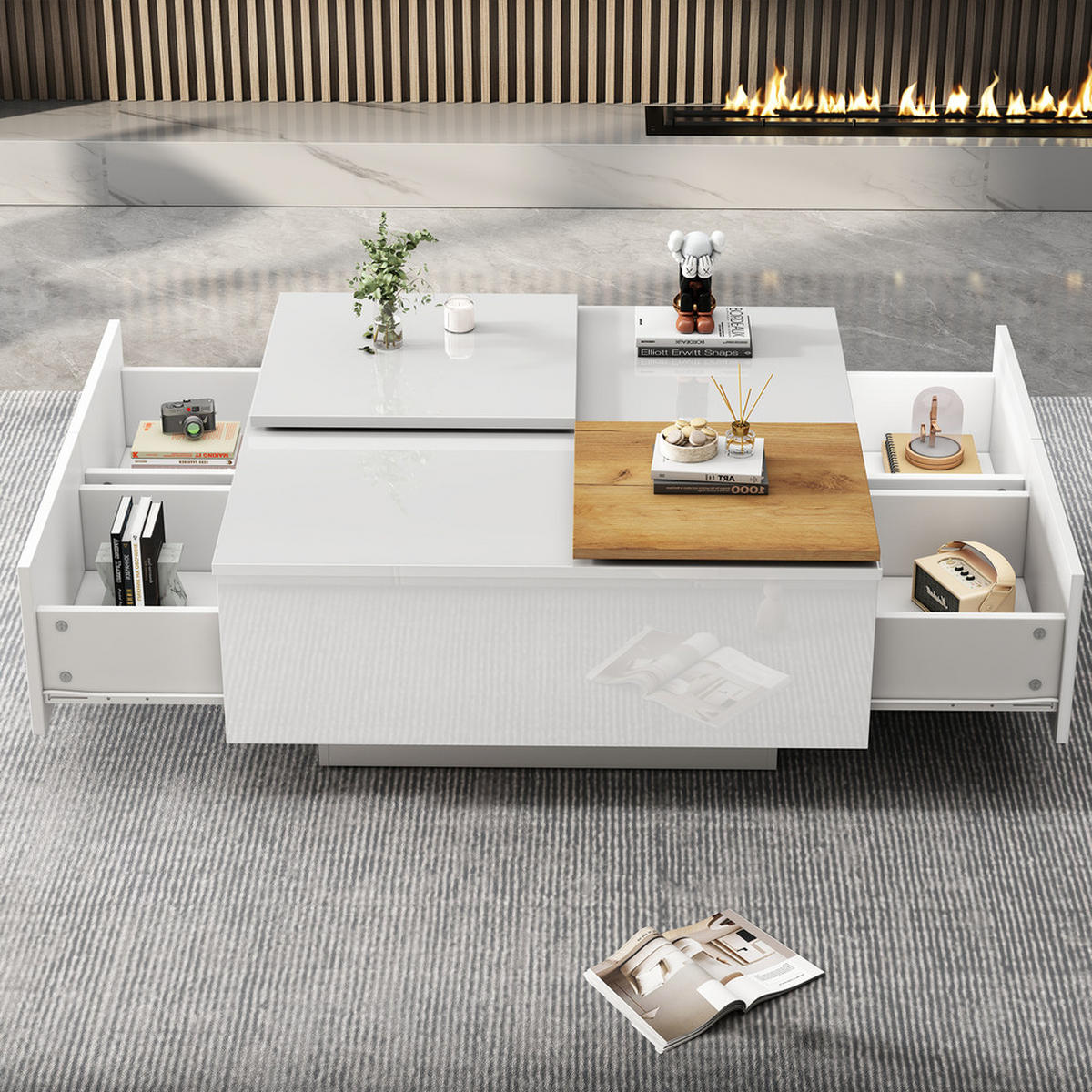 COUCHTISCH 75x75cm Weiß Hochglanz Quadratisch Holzoptik Einschiebeplatte 30kg - Weiß, Holz (85.85/85.85/13.97cm) - FLIEKS