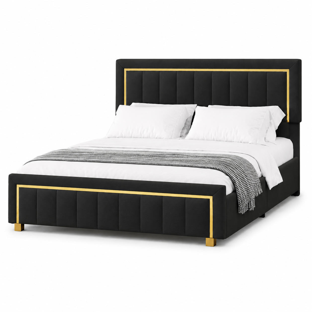 POLSTERBETT 160/200 schwarz Samt mit Stauraum, Goldzierleiste & höhenverstellbarem Kopfteil - Schwarz, Holz/Metall (160/200cm) - Joyfair