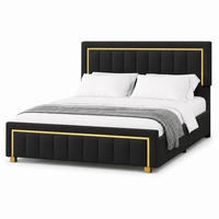 POLSTERBETT 160/200 schwarz Samt mit Stauraum, Goldzierleiste & höhenverstellbarem Kopfteil - Schwarz, Holz/Metall (160/200cm) - Joyfair
