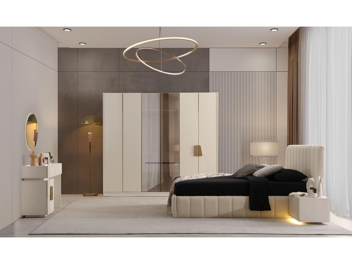 BETTANLAGE VELTERIA Schlafzimmer-Set, 5-teilig, Creme, Bett mit Kopfteil 2 Nachttischen Kommode und Kleiderschrank - Creme, Leder/Holzwerkstoff (160/200cm) - Villa Möbel