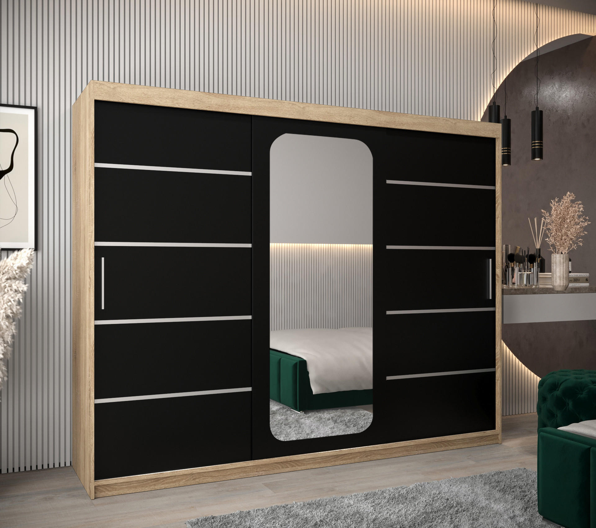 SCHWEBETÜRENSCHRANK 200/250/62 3-türig - Silberfarben/Schwarz, Holz/Kunststoff (250/200/62cm) - Abiks Möbel