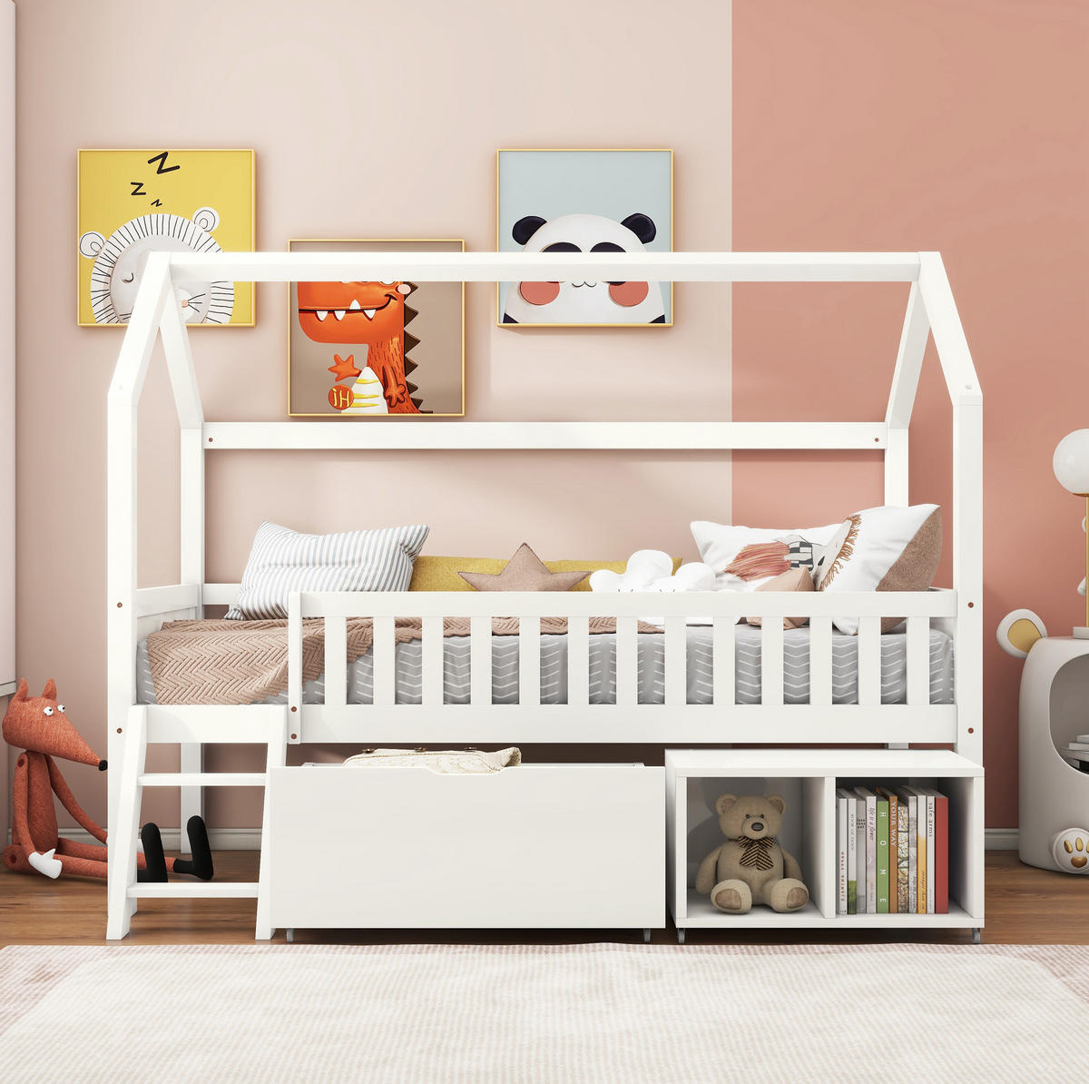 HAUSBETT 90/200 cm aus Kiefer massiv in Weiß – mit Satteldach, Treppe und Stauraum - Weiß, Holz (90/200cm) - BEAOK
