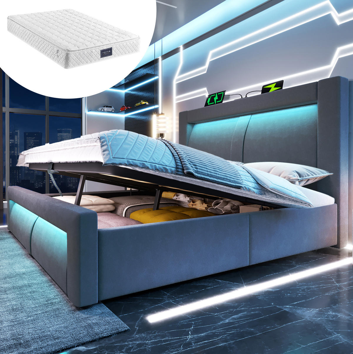 POLSTERBETT 160/200 cm Grau aus Samt mit Stauraum LED und USB/Typ-C mit Matratze - Grau, Textil (160/200cm) - OKWISH