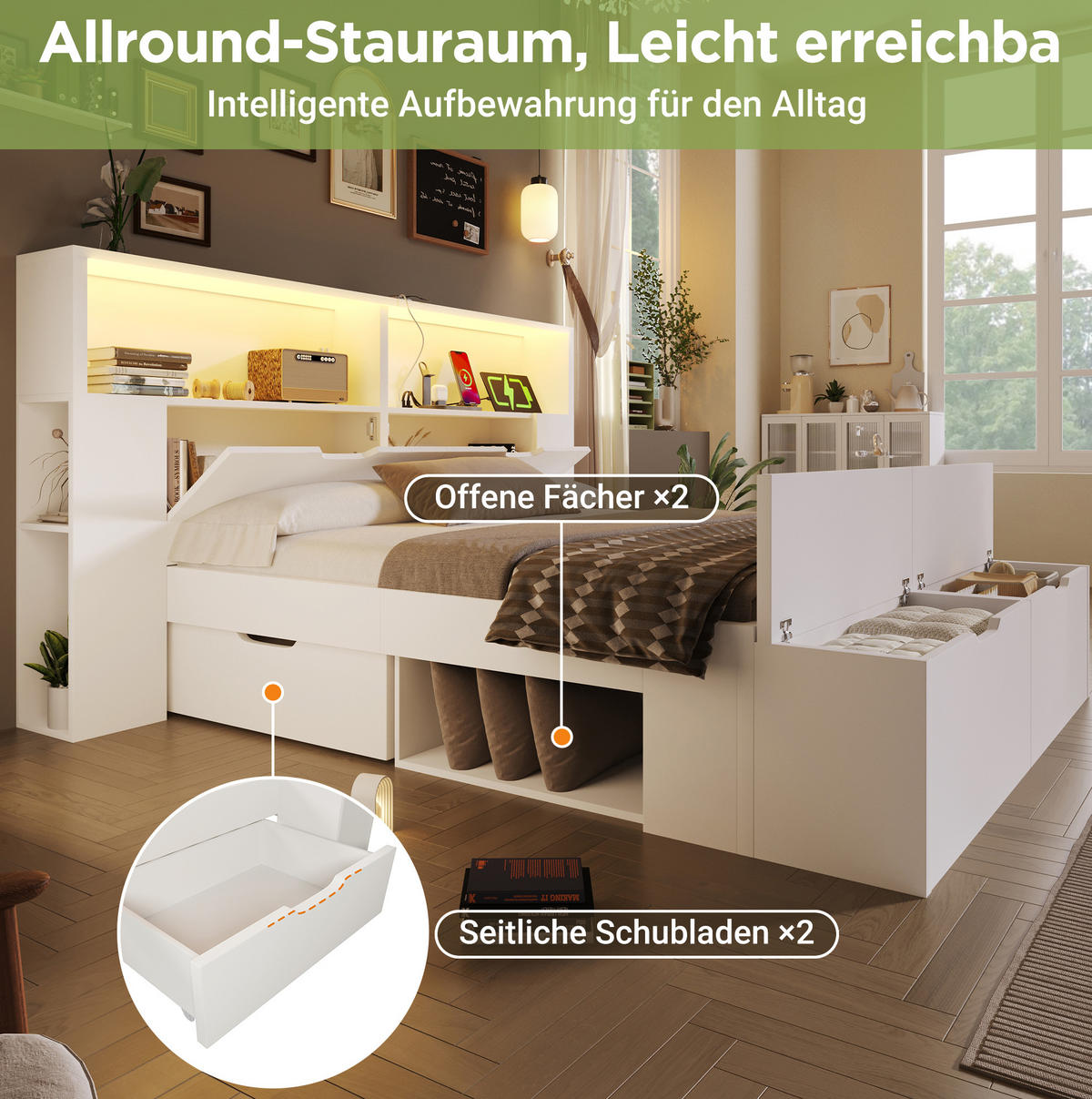 POSTEL 140/200 cm s LED osvětlením, USB porty, úložným prostorem, zásuvkami a lavicí, Bílá - bílá, kompozitní dřevo (140/200cm) - Redom