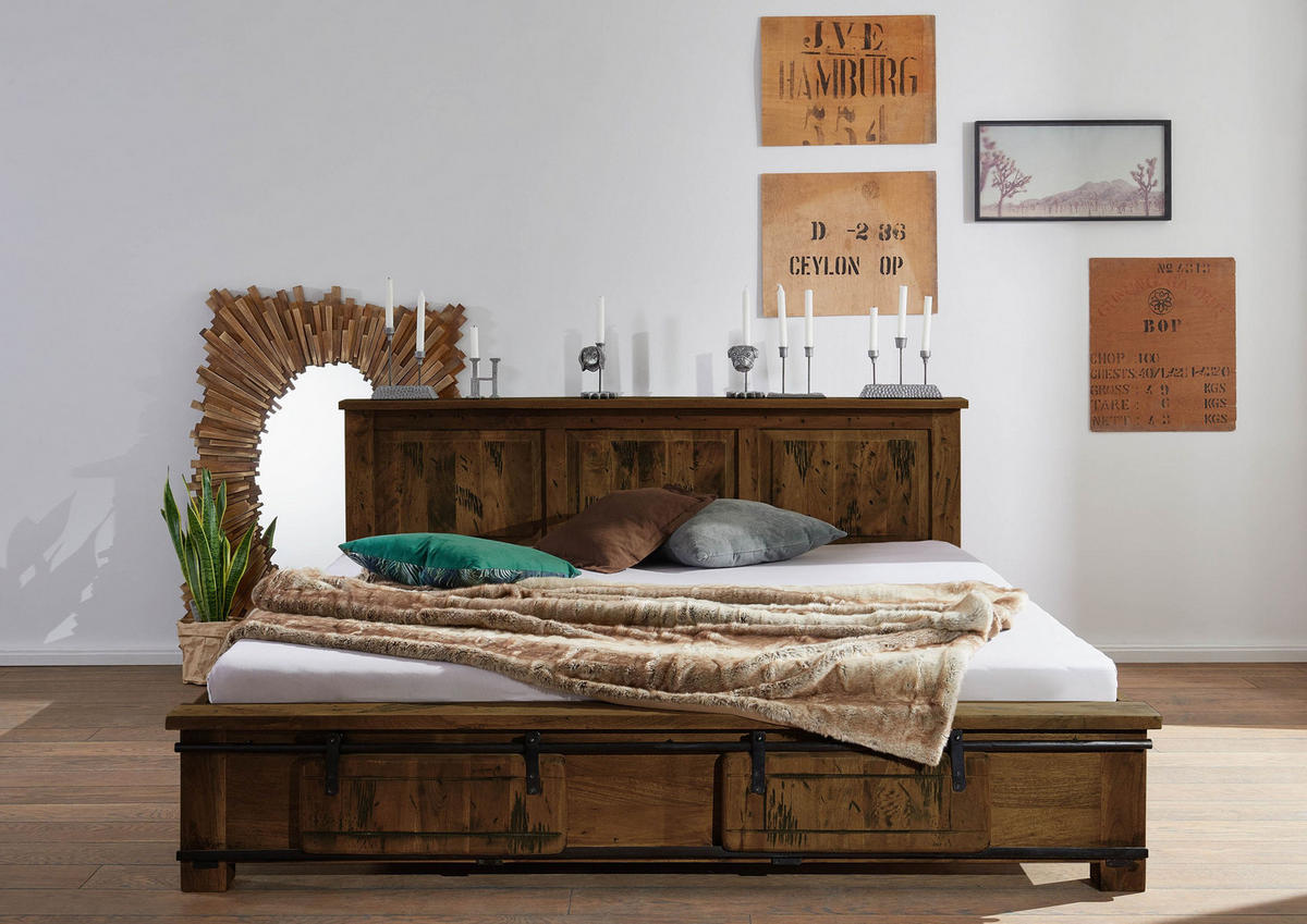 BETT Massivholz Mango 180 x 200 x 85 braun RAILWAY #442 - Braun, Holz (180/200cm) - Massivmoebel24