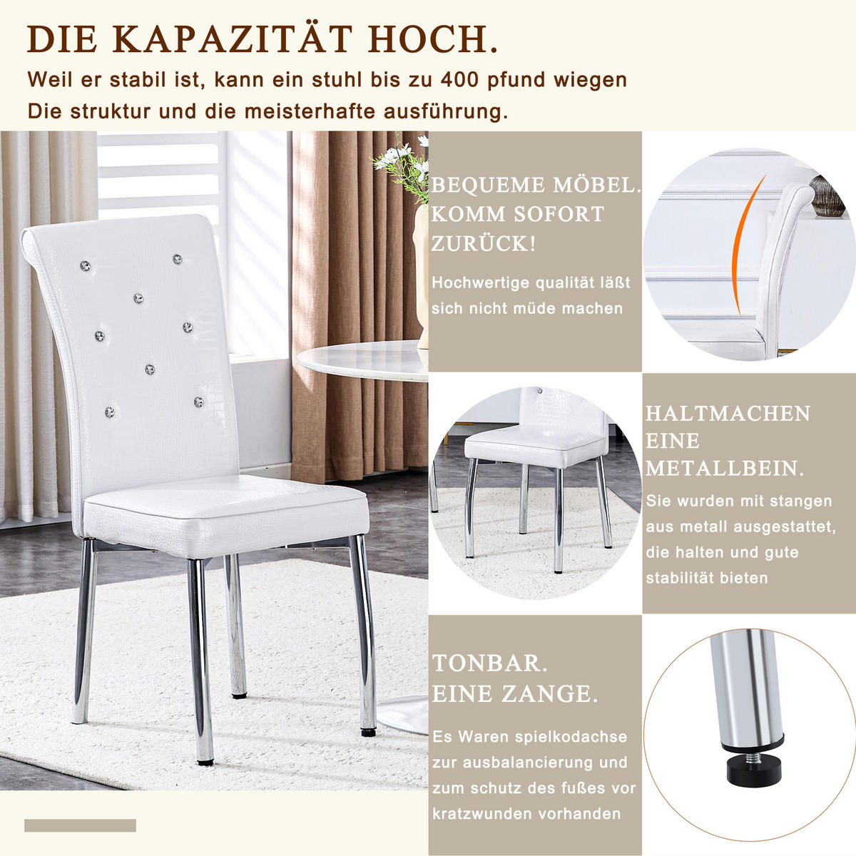 STUHL-SET DE-36775 4 Stück mit Krokodil-Prägung und Kristallknopf-Details Schwarz - Weiß, Metall (42/101/61.5cm) - ComfortXL
