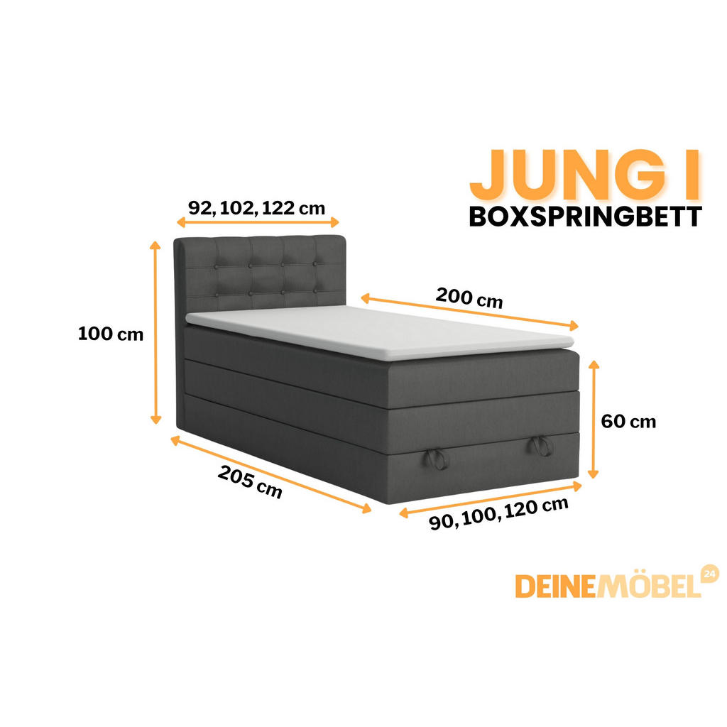 Thumbnail - Deine Möbel 24 Boxspringbett, Anthrazit, Textil, H3 + H4, 100x200 cm, Schlafzimmer, Betten, Boxspringbetten
