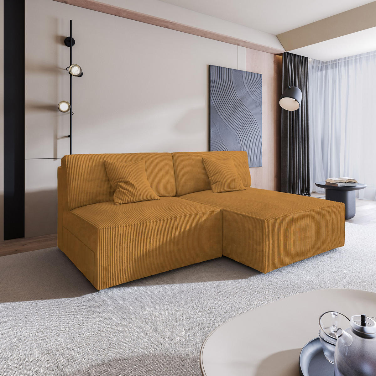 ECKSOFA FIORO P Gelb Kordstoff mit Schlaffunktion - Gelb, Holz (204/148cm) - MASSENO