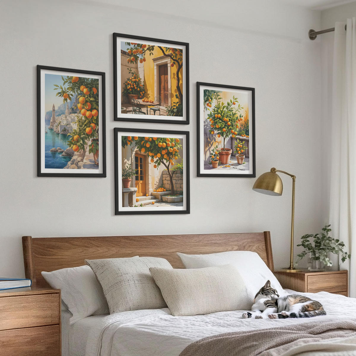 WANDBILDER 4er-Set - 50x50 cm & 40x60 cm Schwarzer Rahmen - Gemalte Zitruslandschaften - Schwarz, Kunststoff (50/50cm) - ArtPrintCave