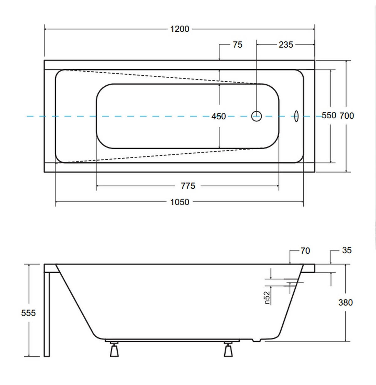 BADEWANNE Rechteck MODERN 120/70 Ablauf & Füße - Weiß, Kunststoff (70/55.5/120cm) - bad land