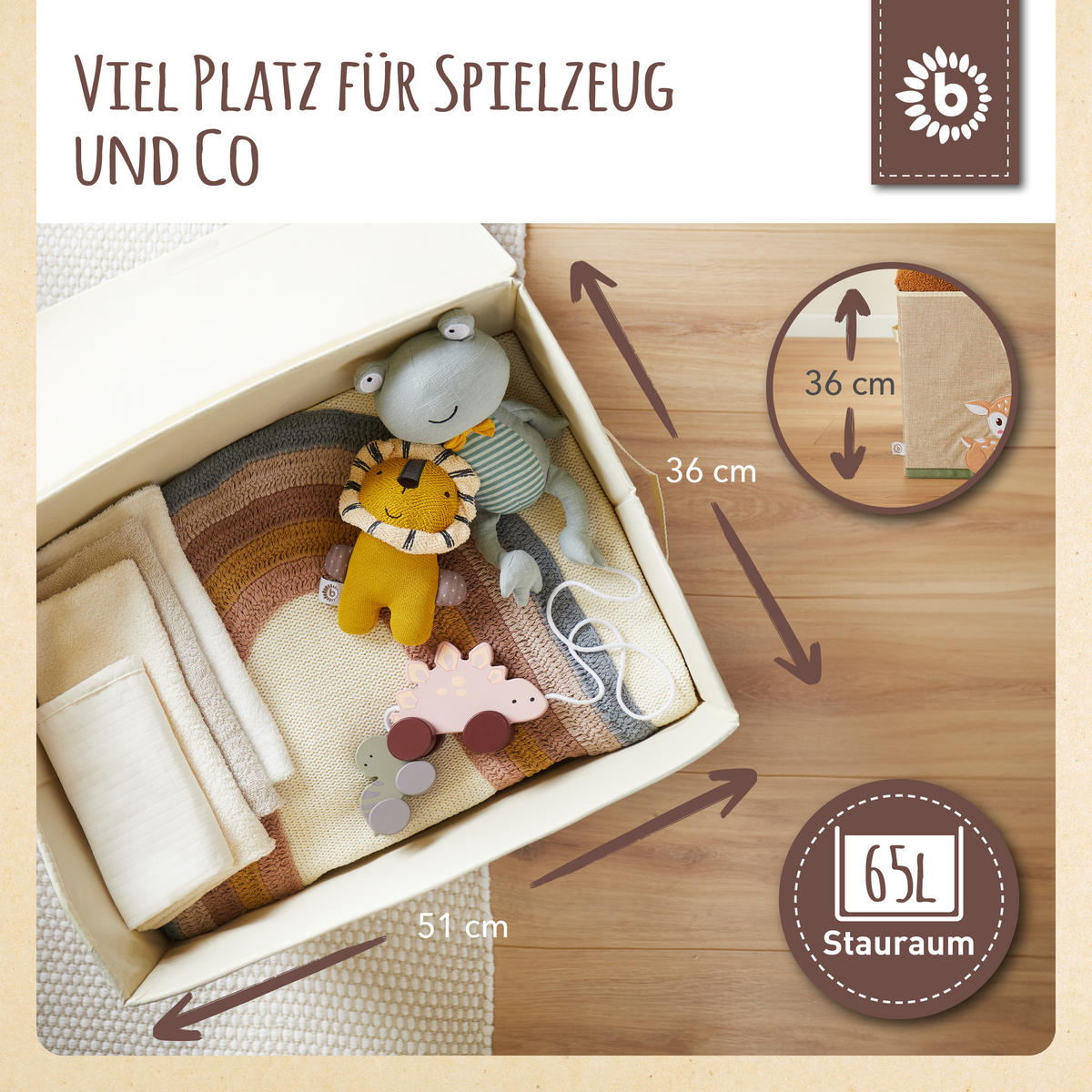 AUFBEWAHRUNGSBOX mit Deckel 65L, faltbar - Beige/Bronzefarben, Textil (51/36cm) - Bieco Spielwaren