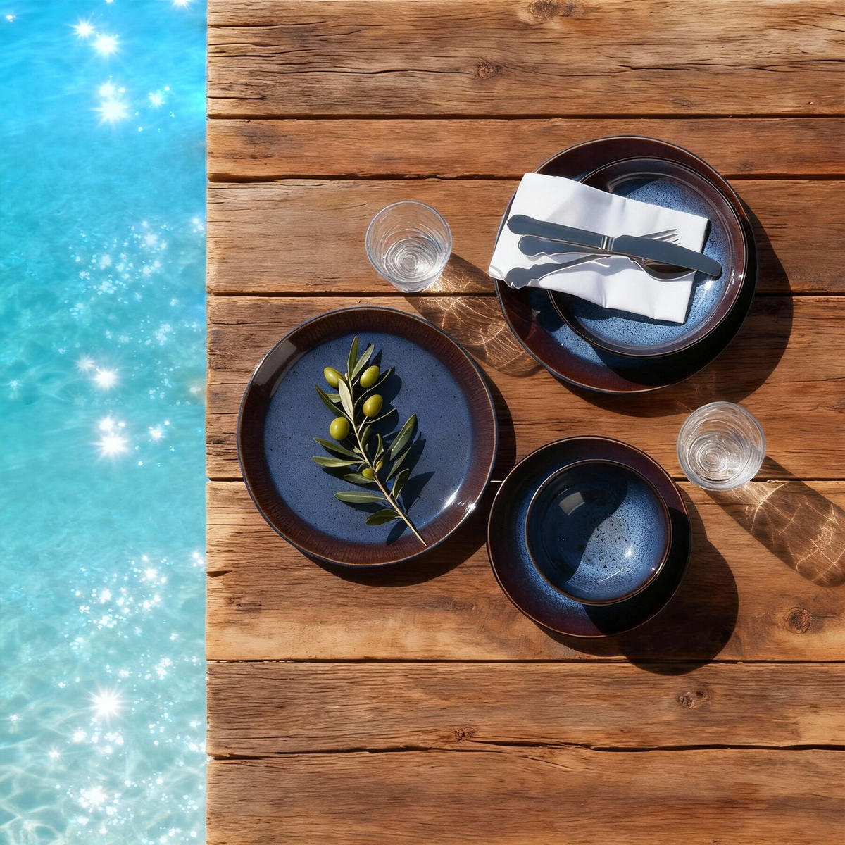 TAFELSERVICE Mare, ineinander stapelbar, blau/braun - Blau, Keramik (26.5/2.5/26.5cm) - tectake