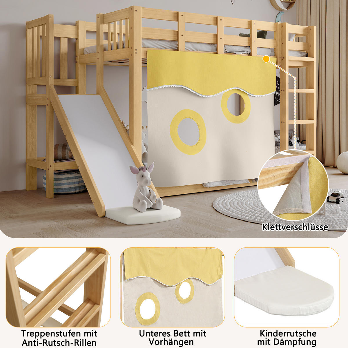 ETAGENBETT 90/200 cm aus Holz mit Treppe, Rutsche, Vorhang und Fallschutz, Natur - Naturfarben, Holz (90/200cm) - Redom