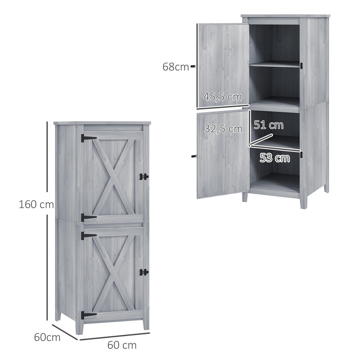GARTENSCHRANK Holz 60x60x160cm - Hellgrau, Holz (60/160/60cm) - Outsunny