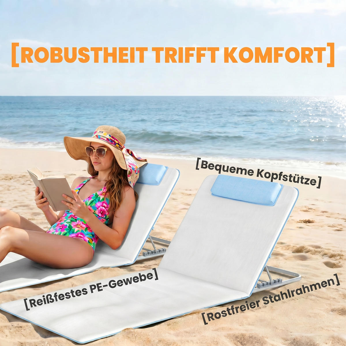 HÖHENVERSTELLBARE STRANDLIEGE, 134 x 48 x 33-43 cm, Stahl, Beige - Beige, Kunststoff (48/43/134cm) - Outsunny