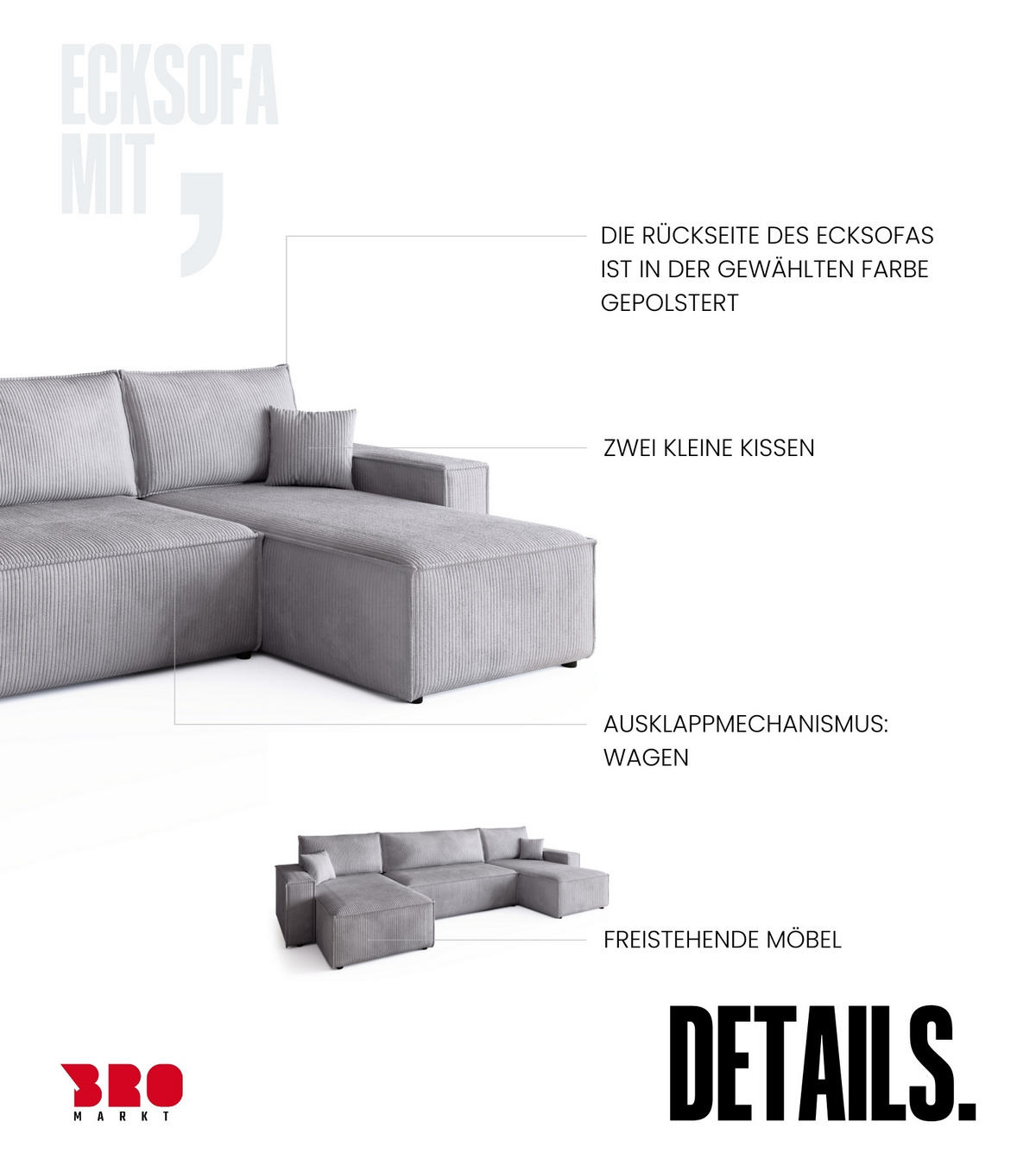 WOHNLANDSCHAFT ADI U mit Schlaffunktion Cordstoff Hellgrau - Hellgrau, Textil (312/85/143cm) - Bromarkt