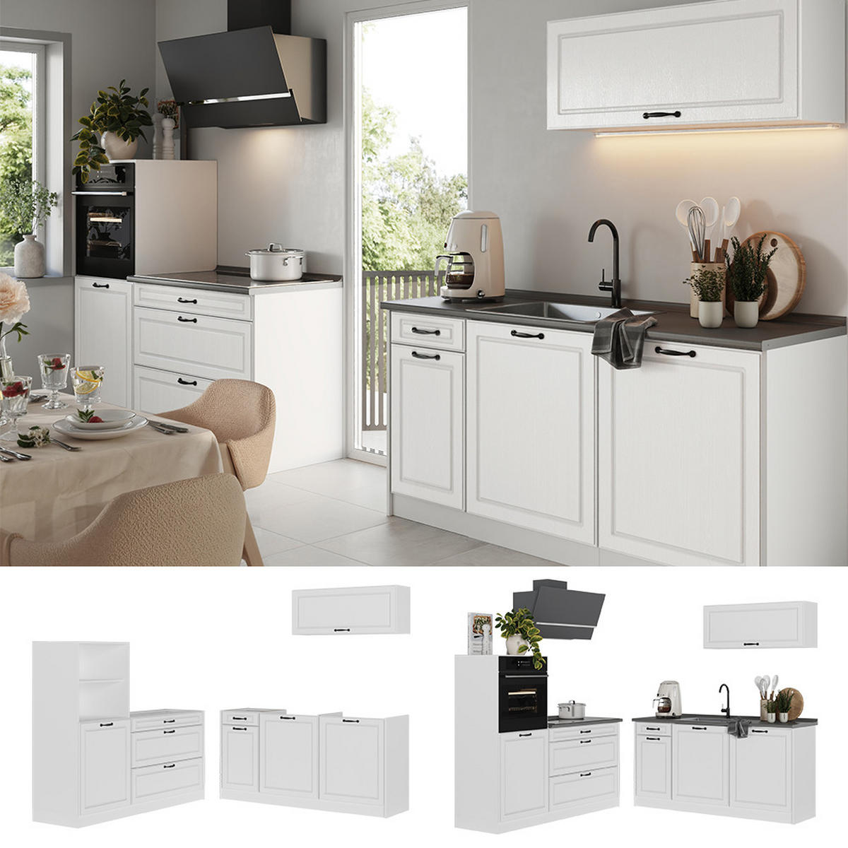 KUCHYNKA R-Line, Biely vidiecky dom/biely, 160 cm antrasiitti työtaso - biela, kompozitné drevo (160/143/60cm) - Vicco