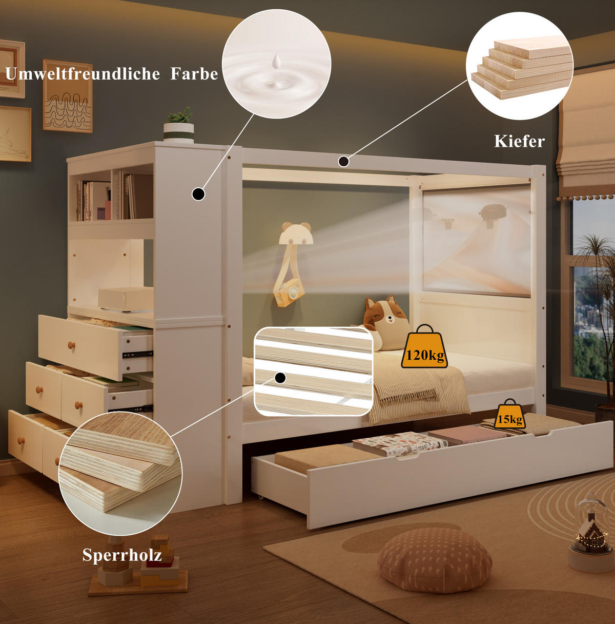 KINDERBETT 90/200 cm mit Fallschutz, Stauraum, 5 Schubladen und Schreibtisch, Holzwerkstoff/MDF, Weiß - Weiß, Holzwerkstoff (90/200cm) - Redom