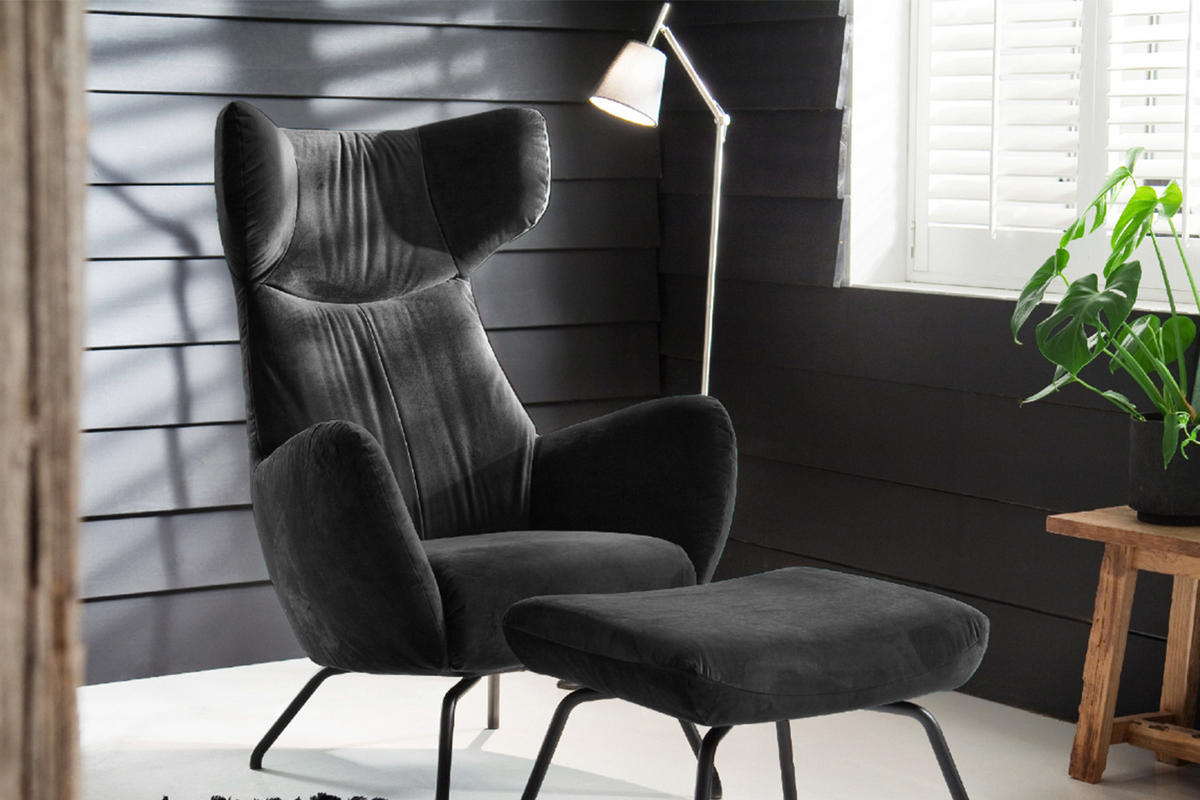 SESSEL MIT HOCKER LOTTE Schwarz Velvet - Schwarz, Textil (79/117/82cm) - KAWOLA