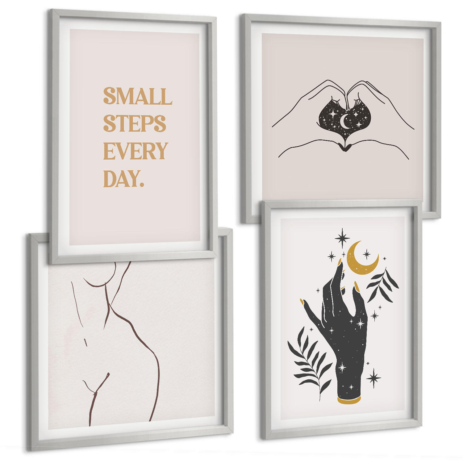 BILDER SET 4er Set - 50x50 cm & 40x60 cm Silberner Rahmen - Minimalistische Boho-Illustrationen - Silberfarben, Kunststoff (50/50cm) - TULUP