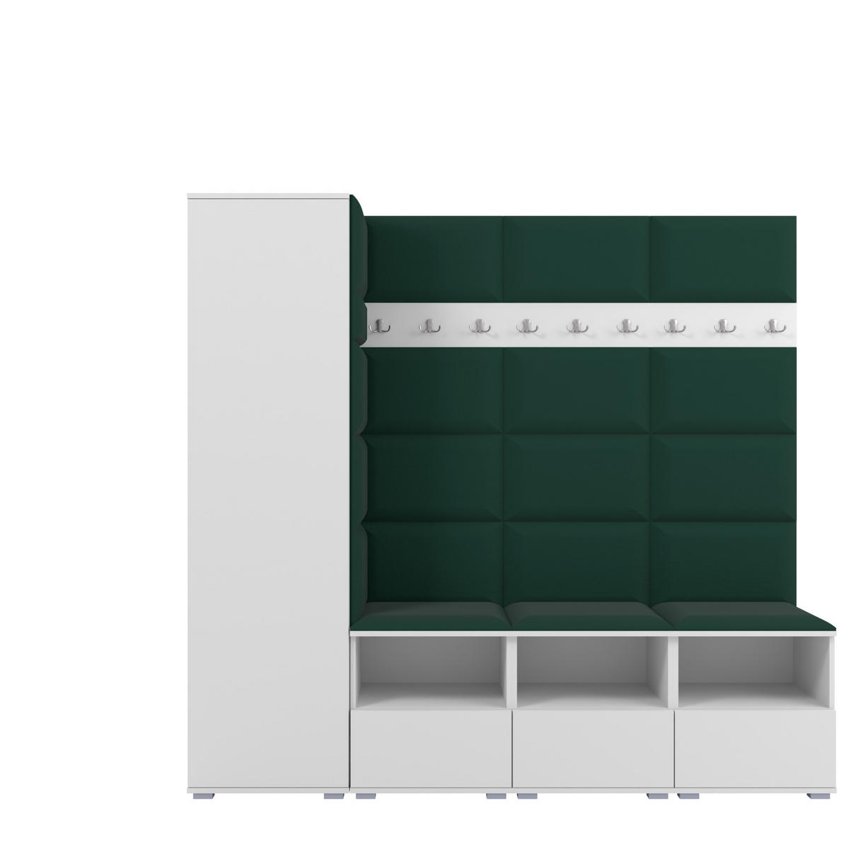 GARDEROBE NELA IX 200 cm (Modulare Flurmöbel Weiß mit Sitzpolster Flaschengrün 28 Breite Sitzbank) - Dunkelgrün/Silberfarben, Holz/Holzwerkstoff (200/187/40cm) - Ravio